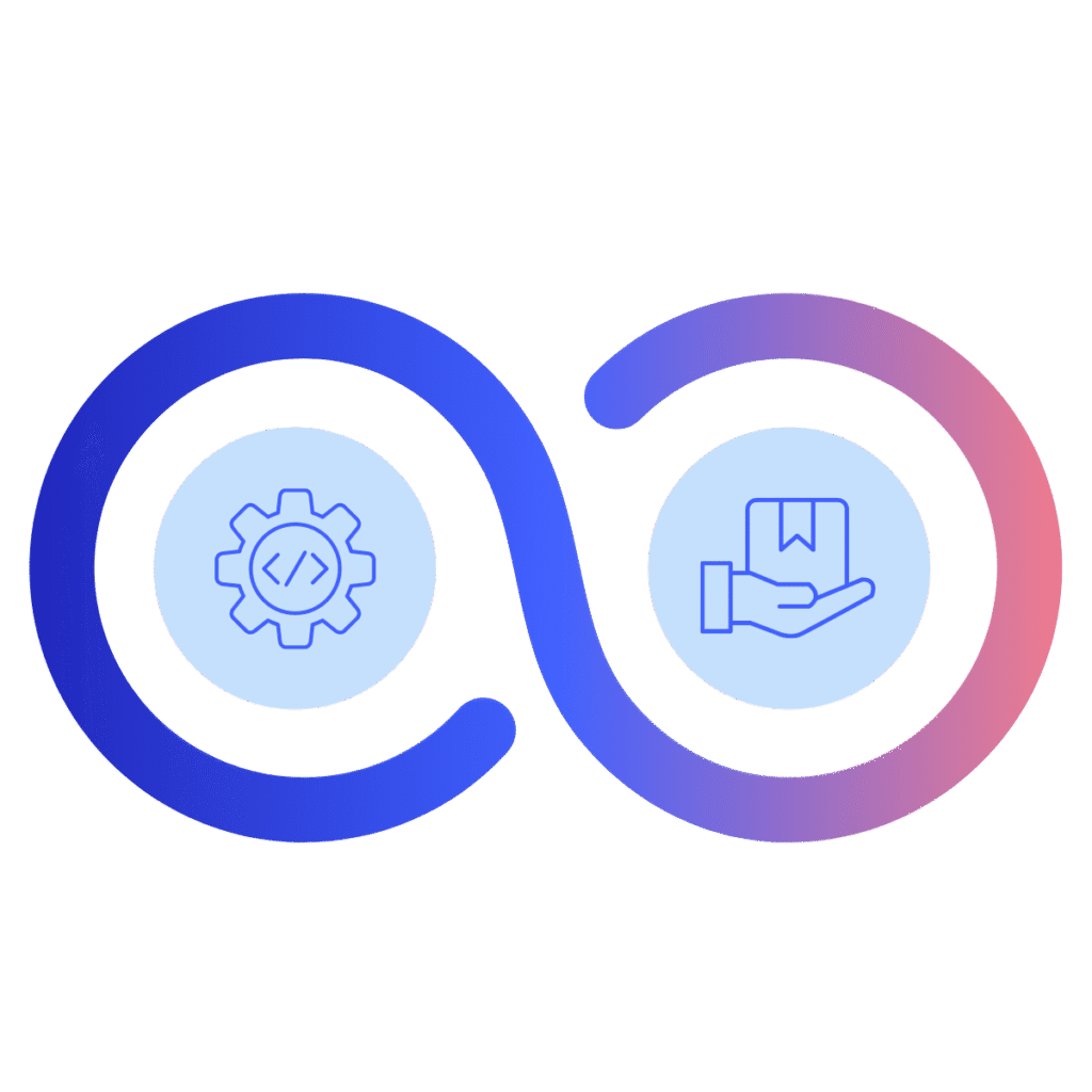 An infinity loop with a gear symbol on the left indicating development and a hand holding a package on the right indicating delivery. The loop transitions from blue on the left to pink on the right, symbolizing the continuous integration and delivery process.