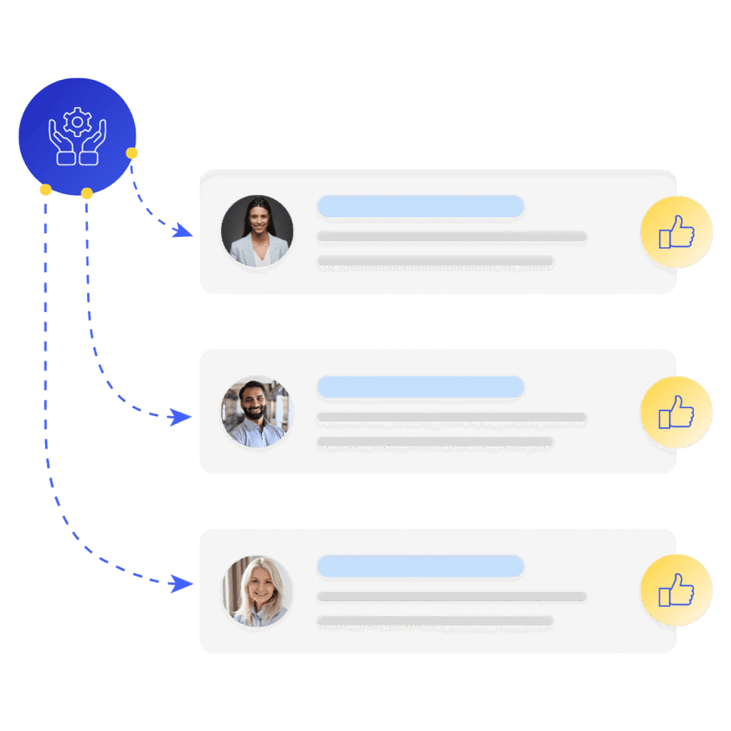 Illustration depicting a process flow with one main icon on the left, showing a gear with hands, connected via arrows to three profile images of people on the right. Each profile has a text placeholder and a thumbs-up icon.